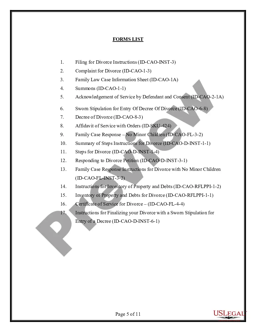 Preview Idaho No-Fault Uncontested Agreed Divorce Package for Dissolution of Marriage with Adult Children and with or without Property and Debts