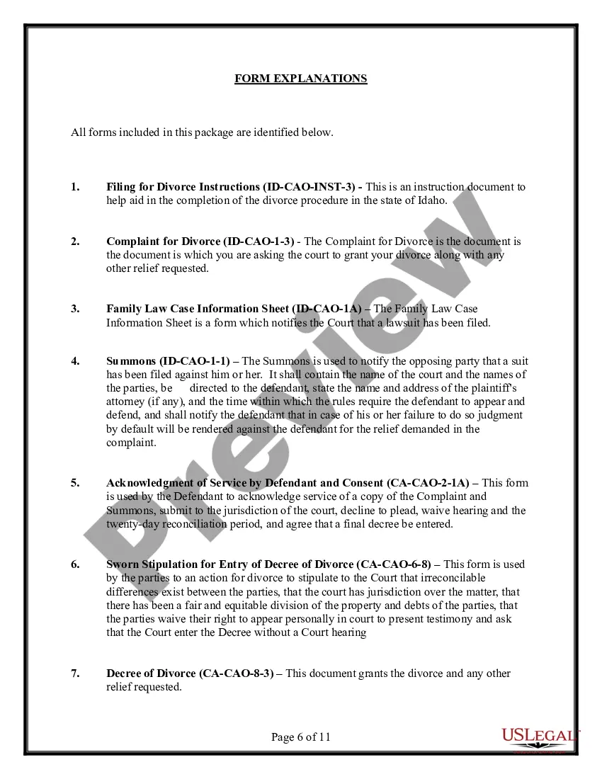 Preview Idaho No-Fault Uncontested Agreed Divorce Package for Dissolution of Marriage with Adult Children and with or without Property and Debts