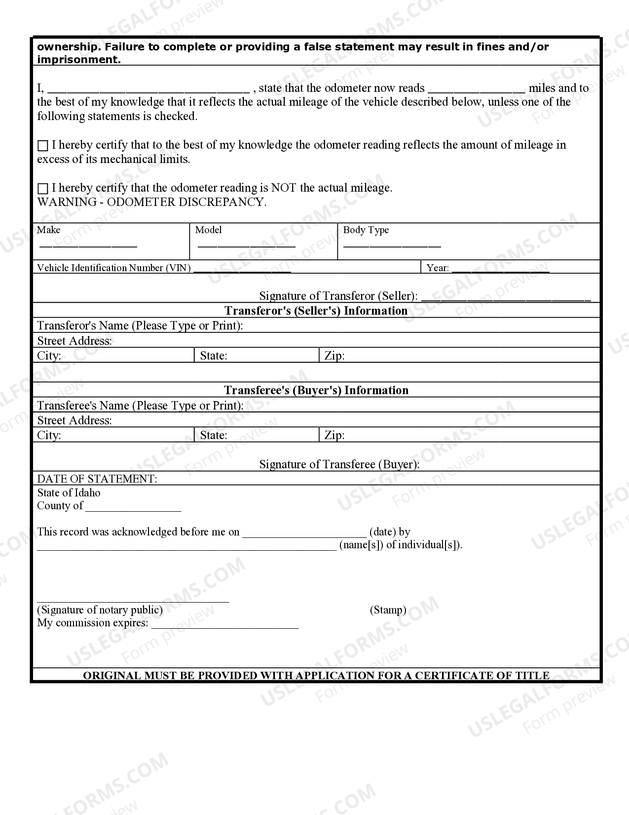 Nampa Idaho Bill of Sale for Automobile or Vehicle including Odometer