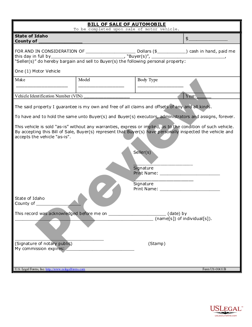 Idaho Auto Bill Of Sale Form Us Legal Forms 5710