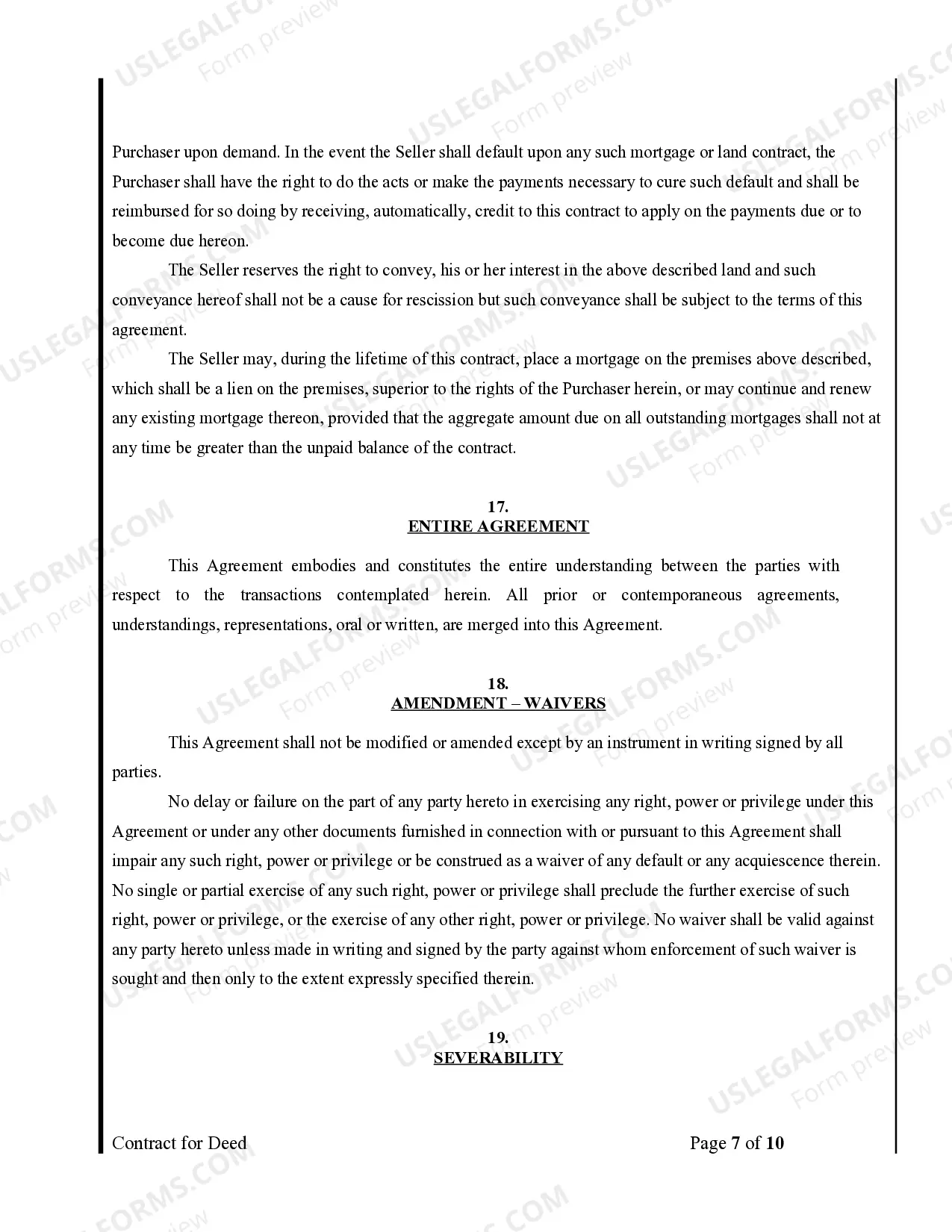 Preview Agreement or Contract for Deed for Sale and Purchase of Real Estate a/k/a Land or Executory Contract