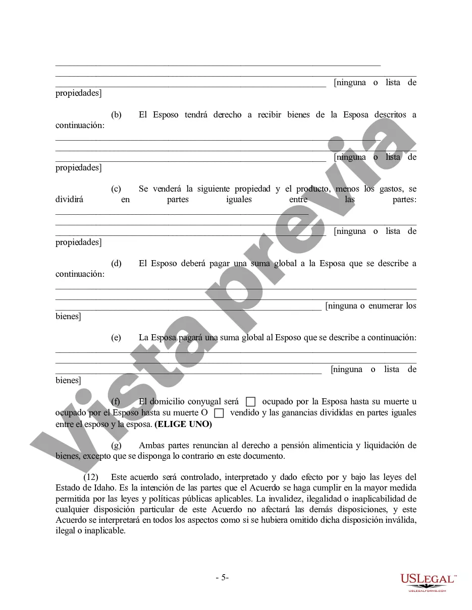 Preview Acuerdo Prenupcial Prematrimonial de Idaho - Ley Uniforme de Acuerdo Prematrimonial - con Estados Financieros