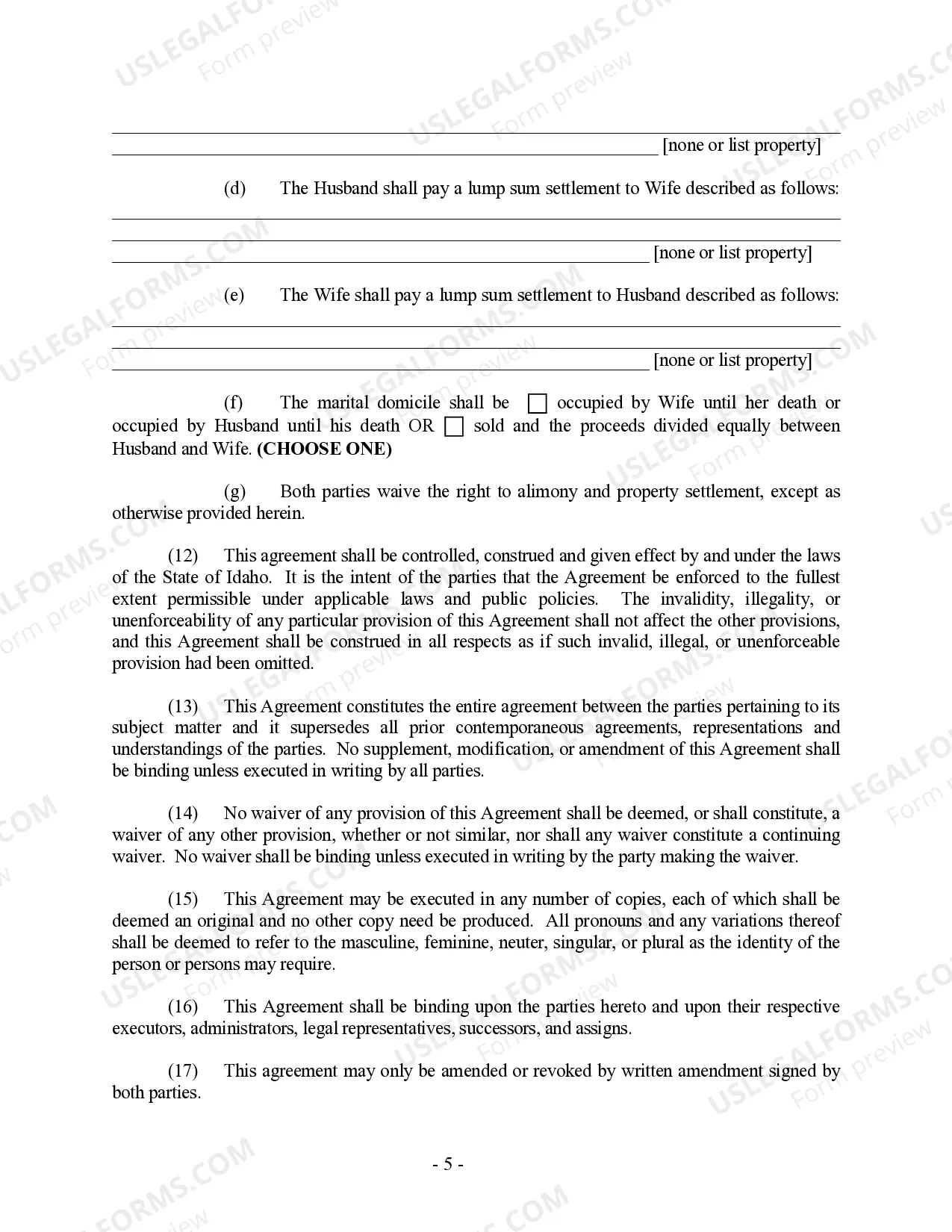 Preview Idaho Prenuptial Premarital Agreement - Uniform Premarital Agreement Act - with Financial Statements