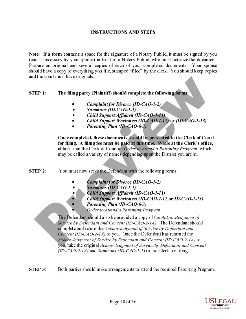 Preview Idaho No-Fault Agreed Uncontested Divorce Package for Dissolution of Marriage for people with Minor Children