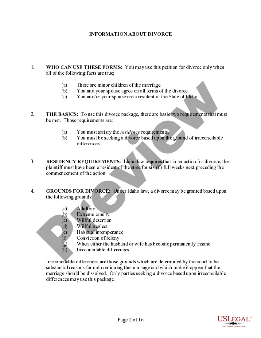 Preview Idaho No-Fault Agreed Uncontested Divorce Package for Dissolution of Marriage for people with Minor Children