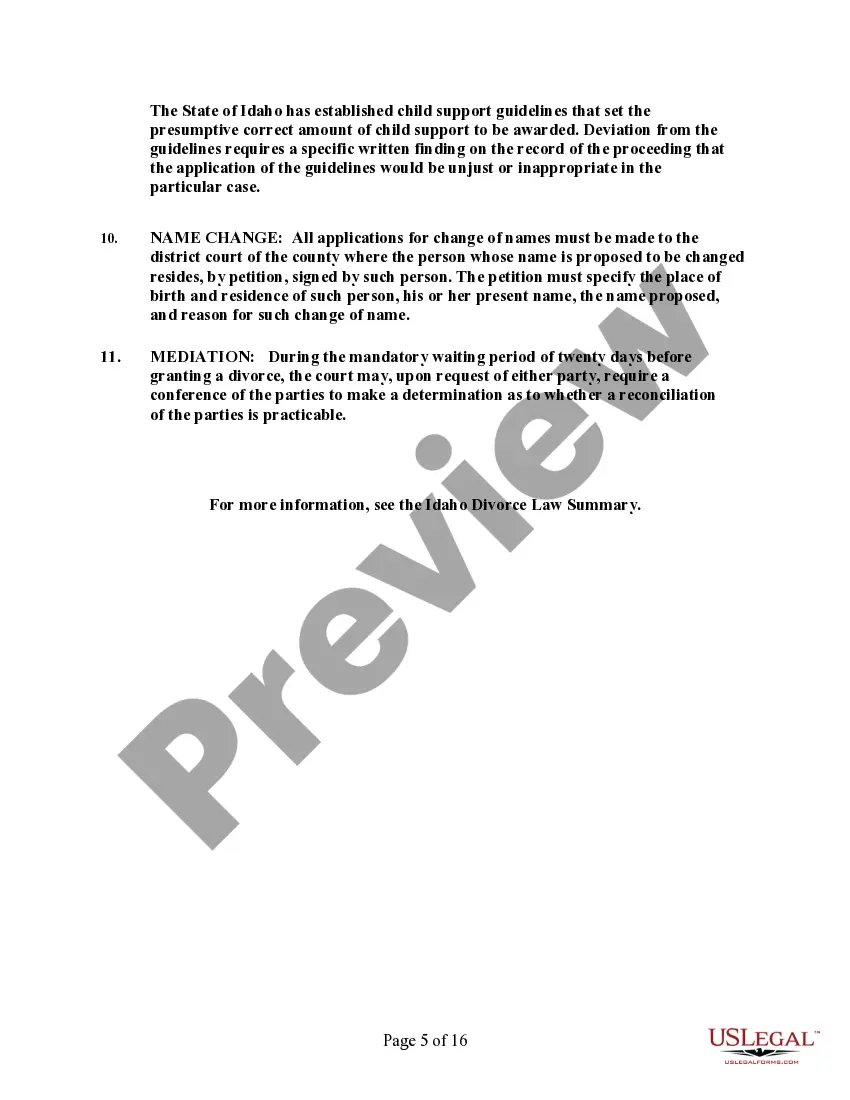 Preview Idaho No-Fault Agreed Uncontested Divorce Package for Dissolution of Marriage for people with Minor Children