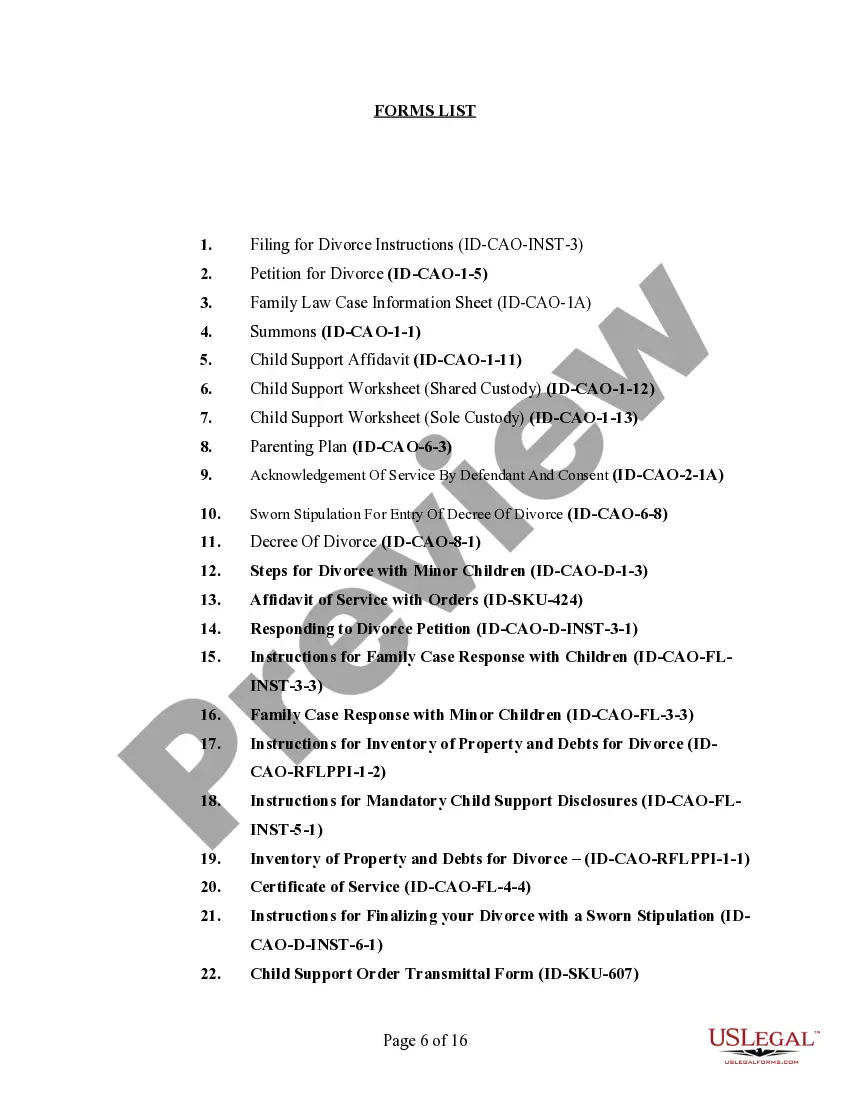 Preview Idaho No-Fault Agreed Uncontested Divorce Package for Dissolution of Marriage for people with Minor Children