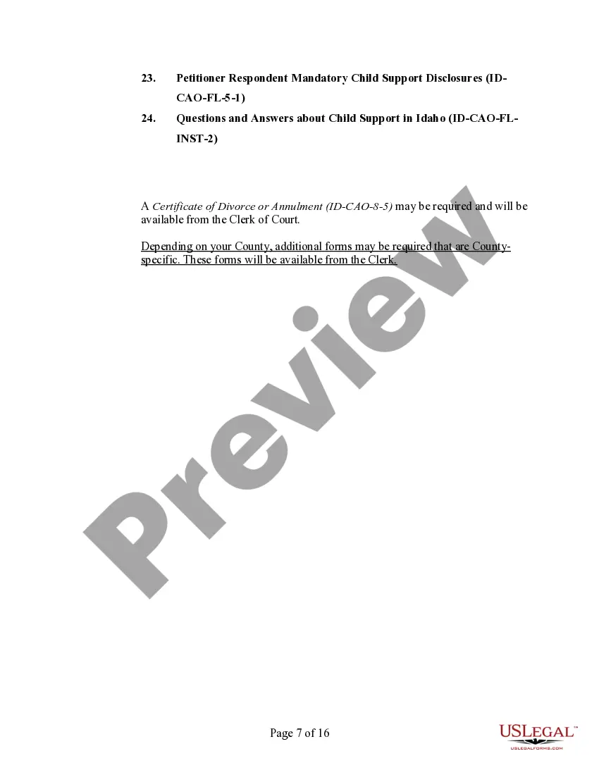 Preview Idaho No-Fault Agreed Uncontested Divorce Package for Dissolution of Marriage for people with Minor Children