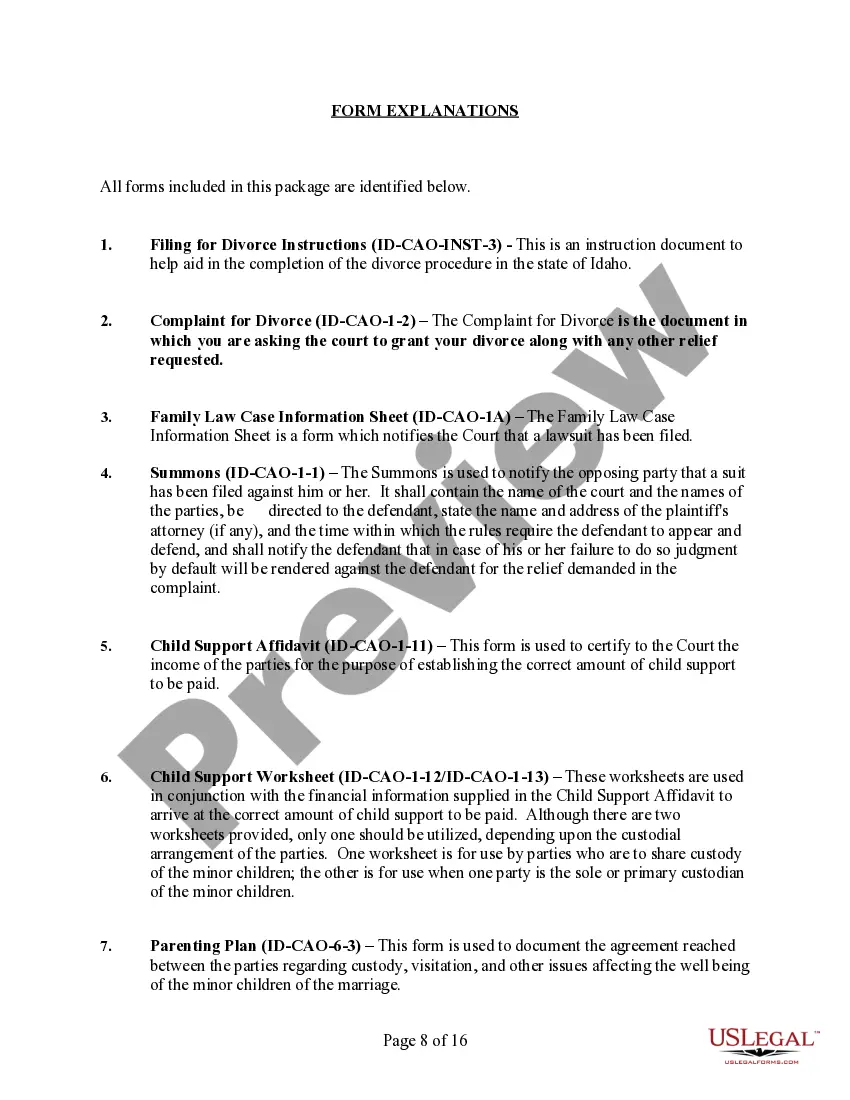 Preview Idaho No-Fault Agreed Uncontested Divorce Package for Dissolution of Marriage for people with Minor Children