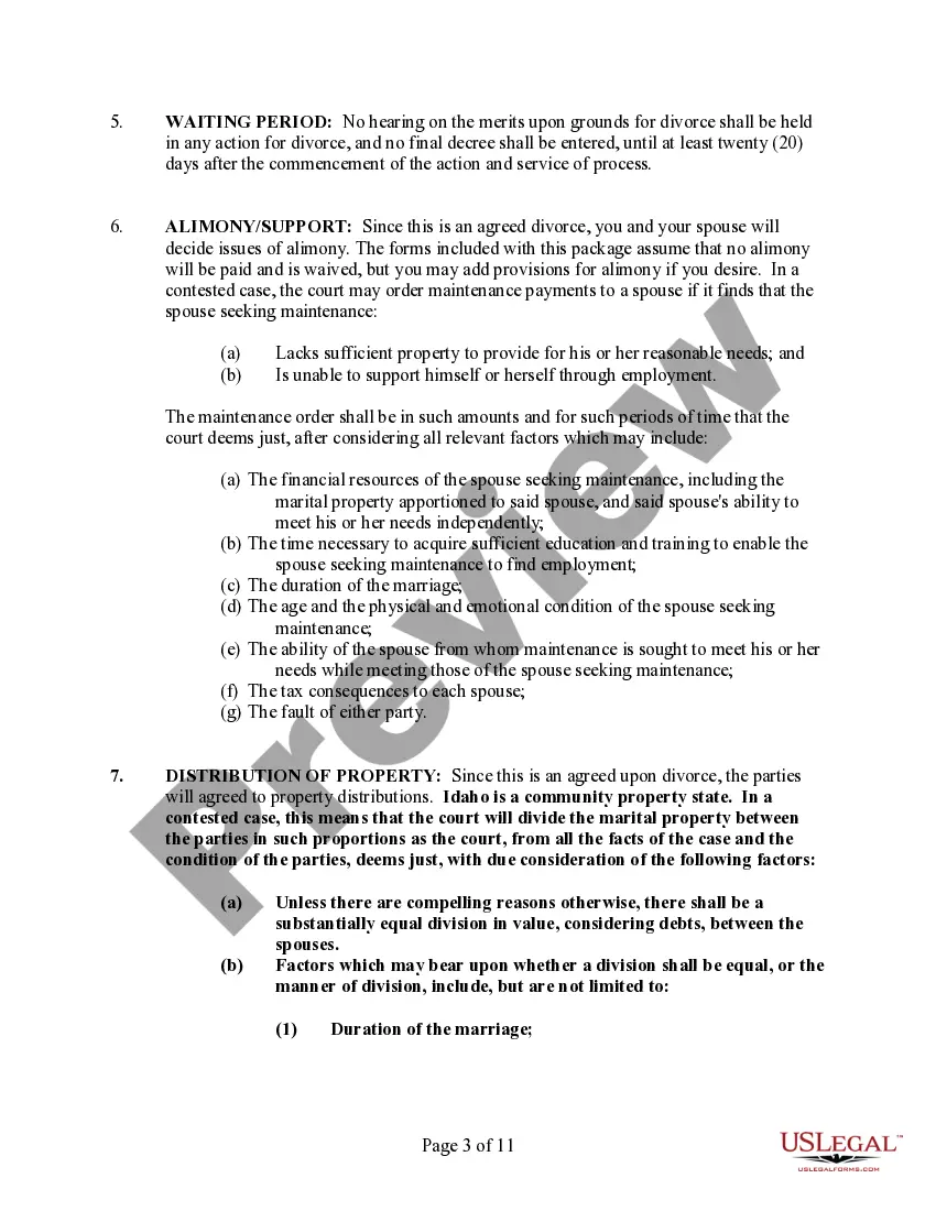 Preview Idaho No-Fault Agreed Uncontested Divorce Package for Dissolution of Marriage for Persons with No Children with or without Property and Debts