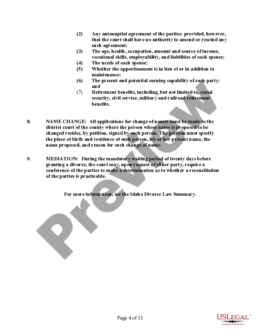 Preview Idaho No-Fault Agreed Uncontested Divorce Package for Dissolution of Marriage for Persons with No Children with or without Property and Debts