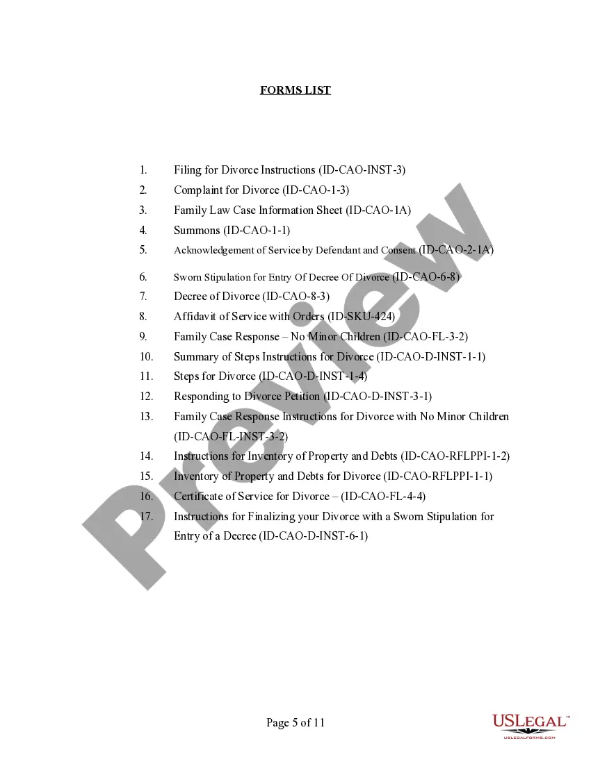 Preview Idaho No-Fault Agreed Uncontested Divorce Package for Dissolution of Marriage for Persons with No Children with or without Property and Debts