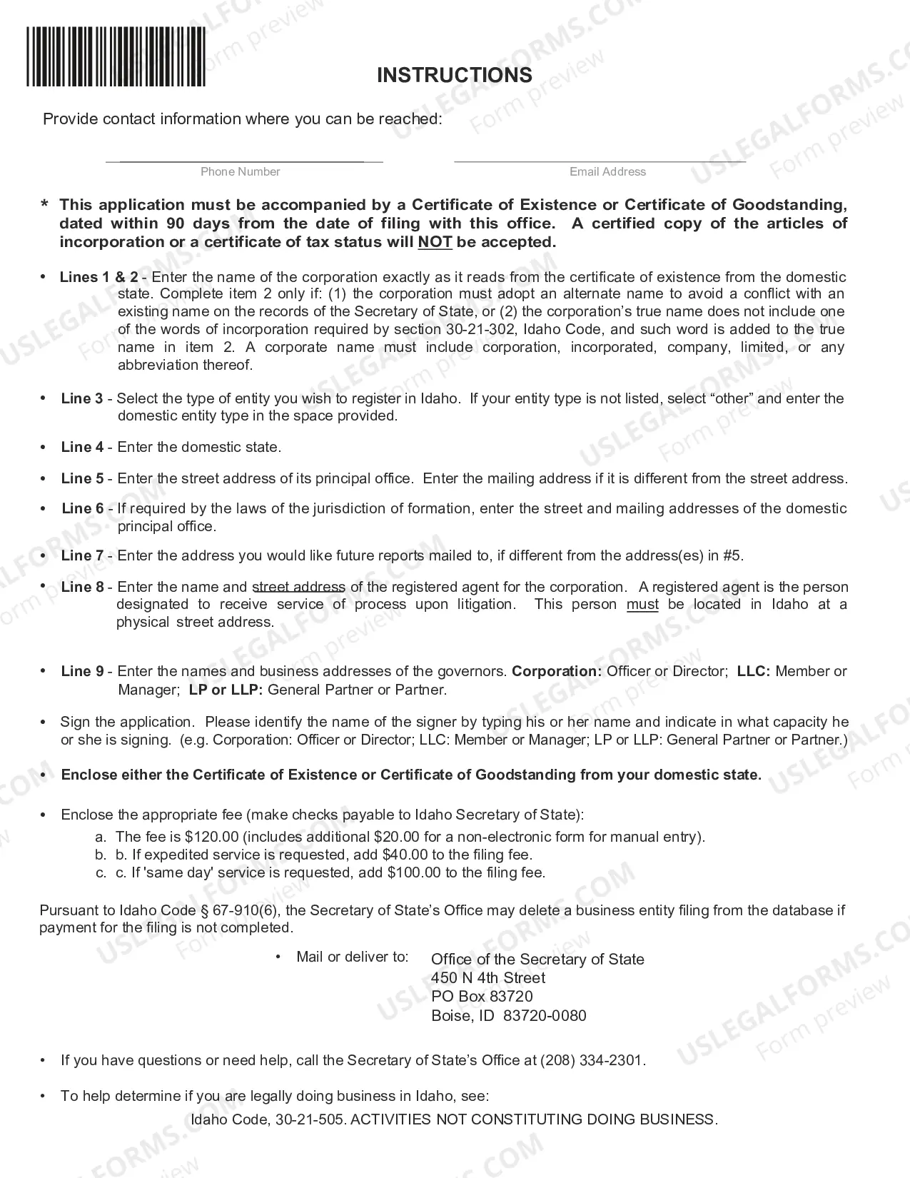 Preview Idaho Registration of Foreign Corporation