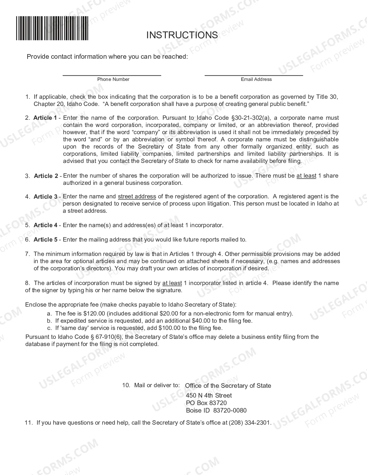 Preview Idaho Articles of Incorporation for Domestic For-Profit Corporation