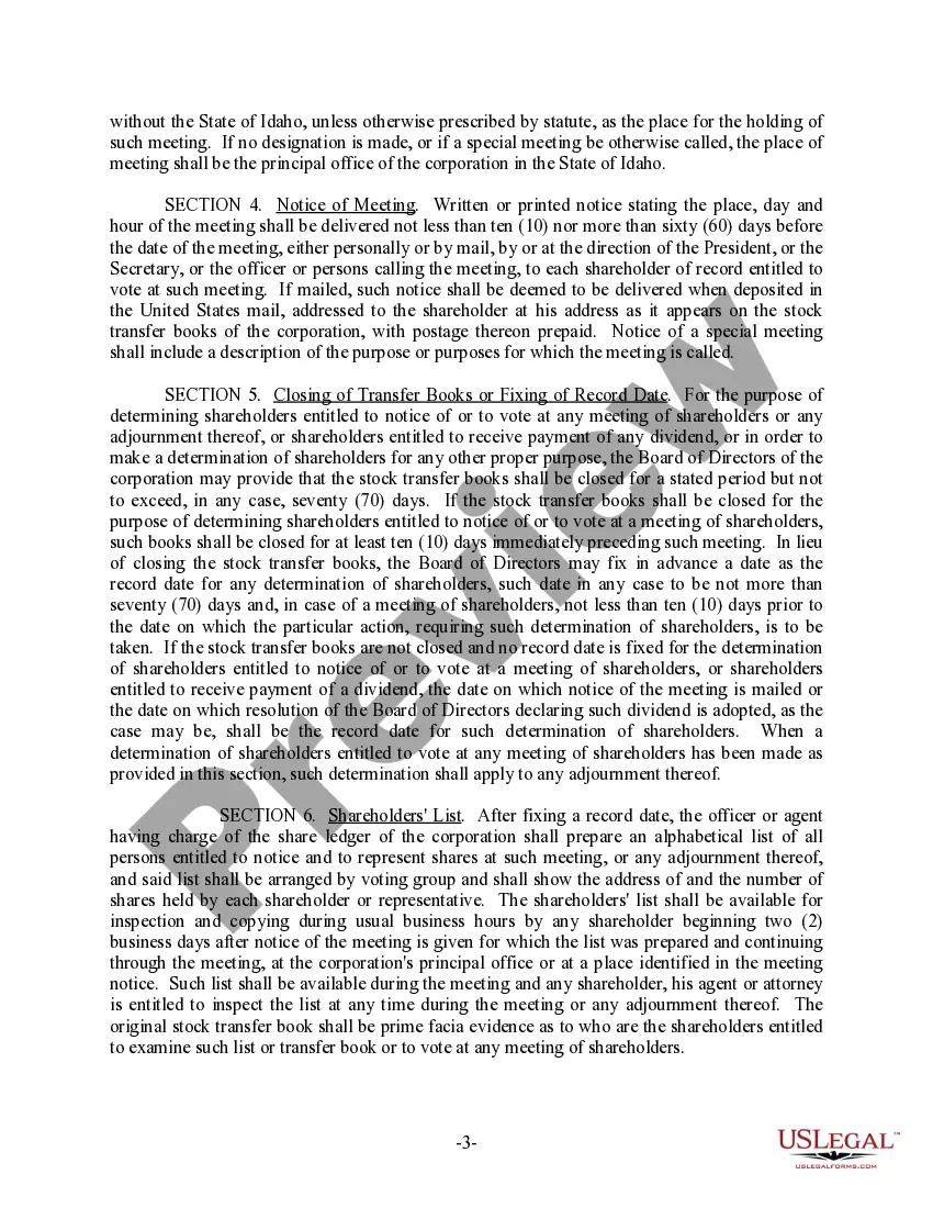 Preview Idaho Bylaws for Corporation