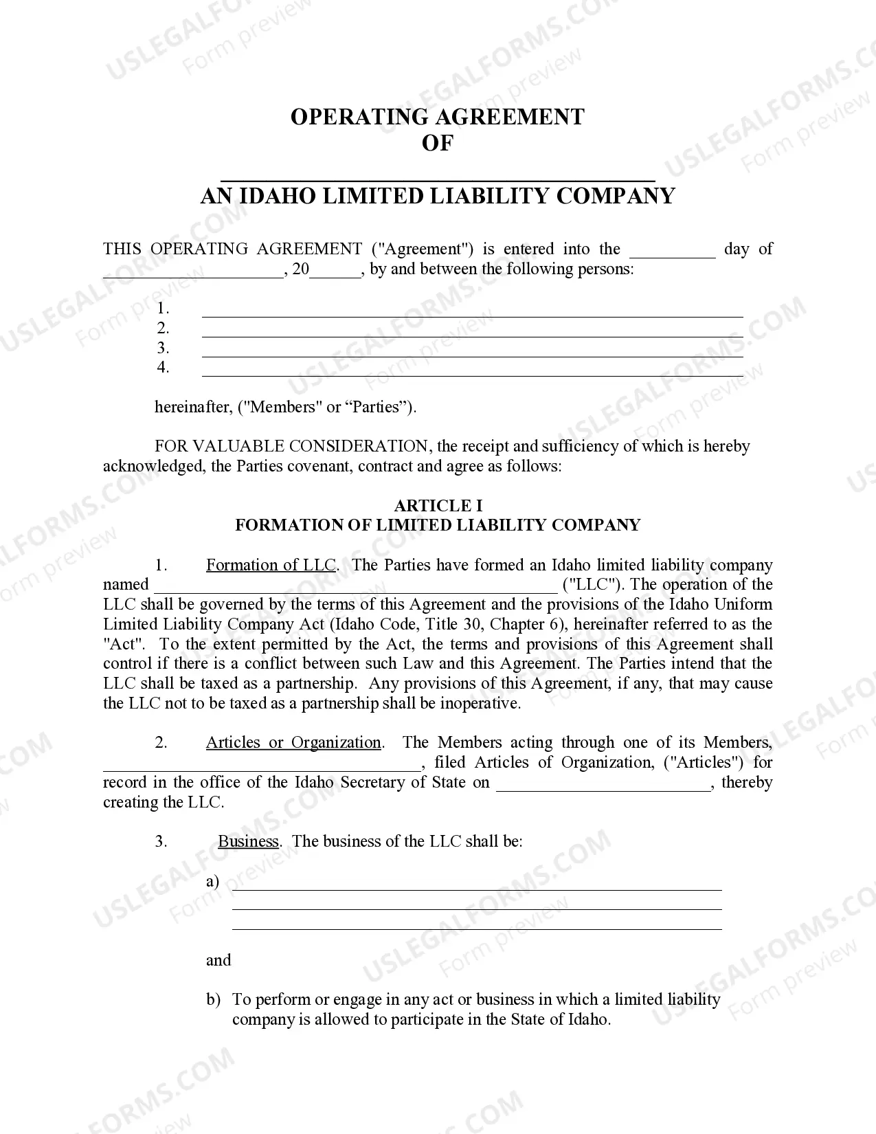 Preview Limited Liability Company LLC Operating Agreement