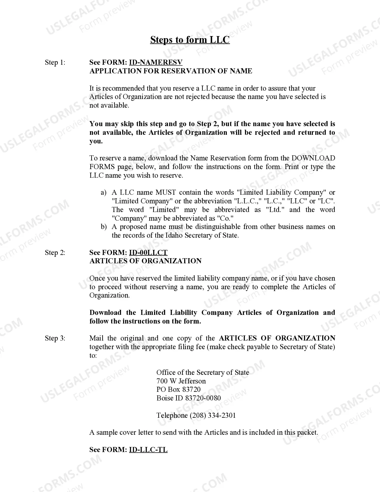 Preview Idaho Limited Liability Company LLC Formation Package
