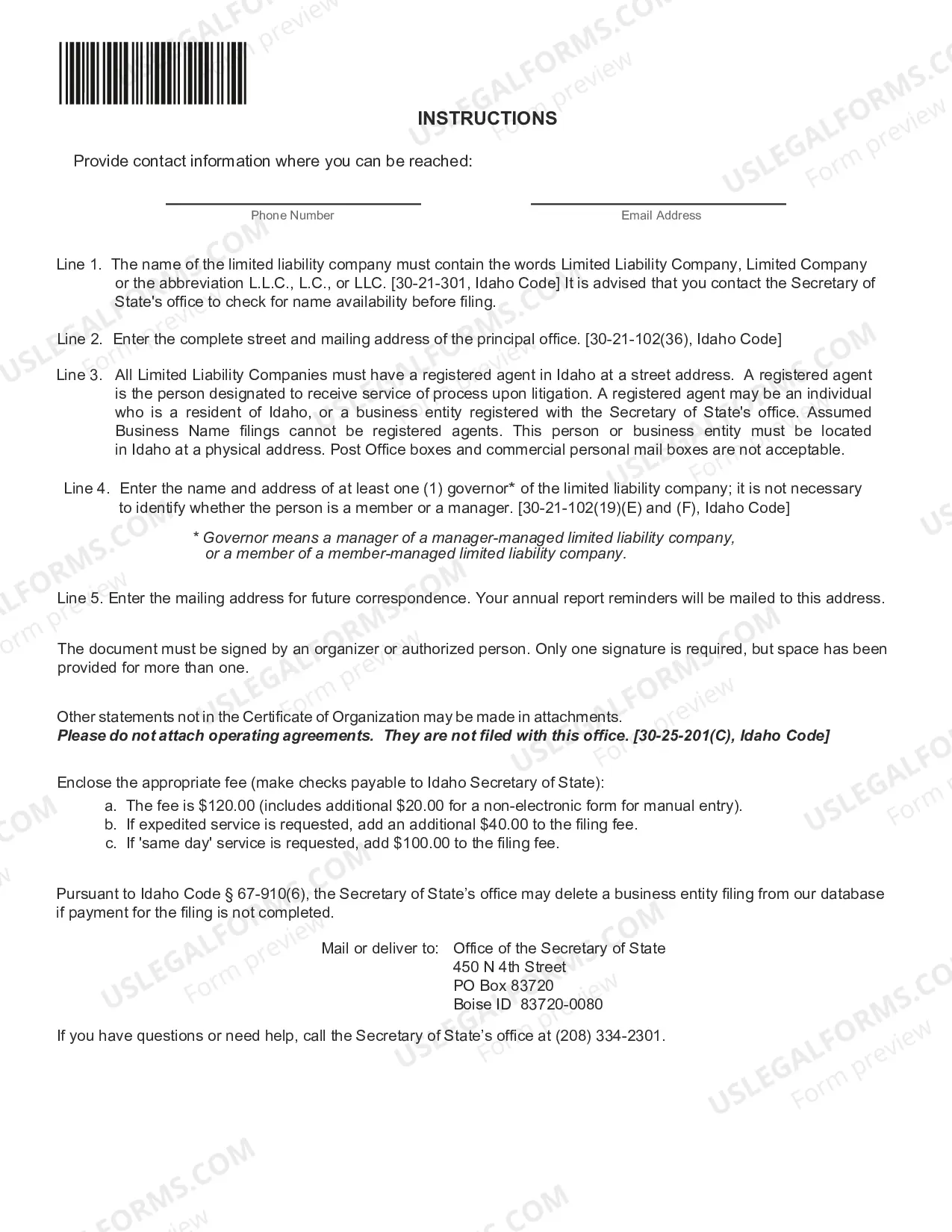 Preview Idaho Articles of Organization for Domestic Limited Liability Company LLC