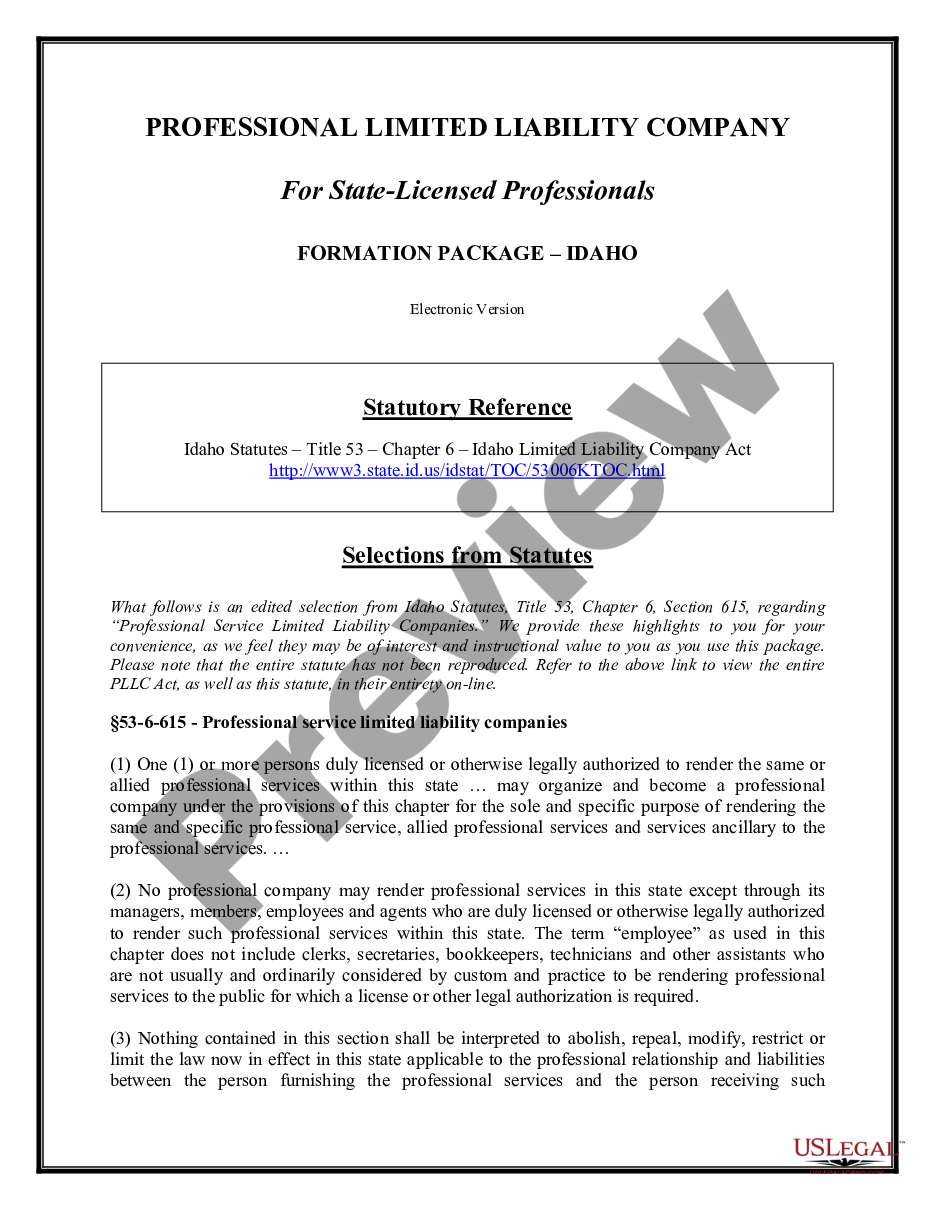 page 1 Idaho Professional Limited Liability Company PLLC Formation Package preview