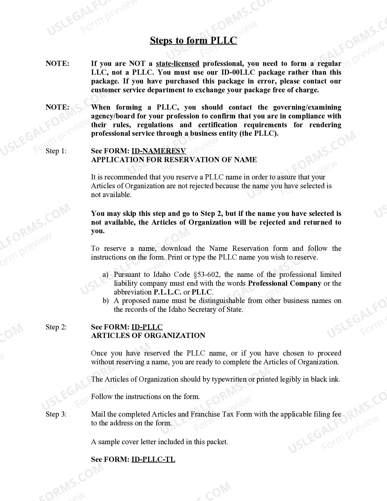 Preview Idaho Professional Limited Liability Company PLLC Formation Package