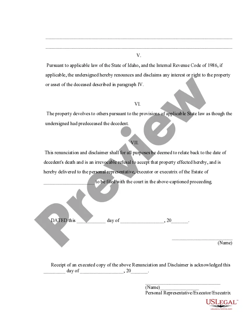 Preview Idaho Renunciation and Disclaimer of Property from Will by Testate