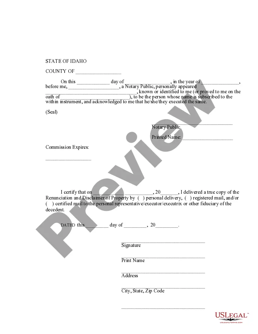 Preview Idaho Renunciation and Disclaimer of Property from Will by Testate
