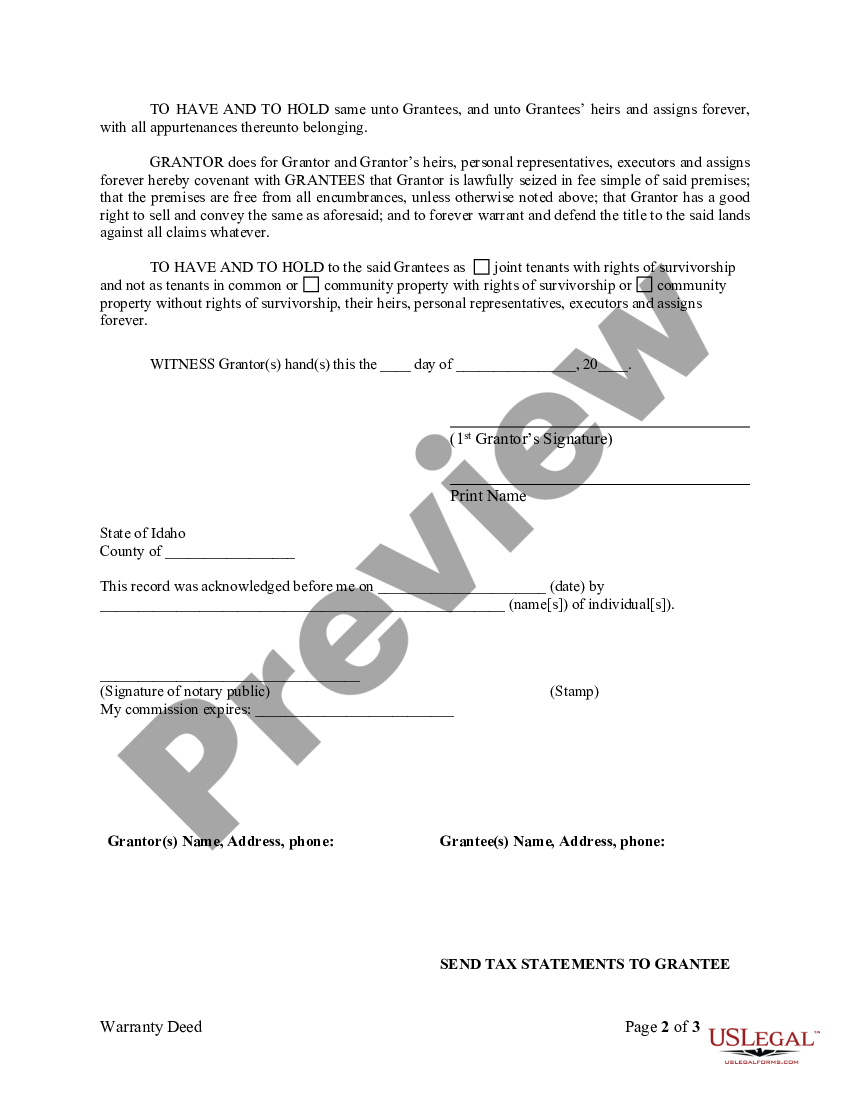 Idaho Warranty Deed From Individual To Husband And Wife Us Legal Forms