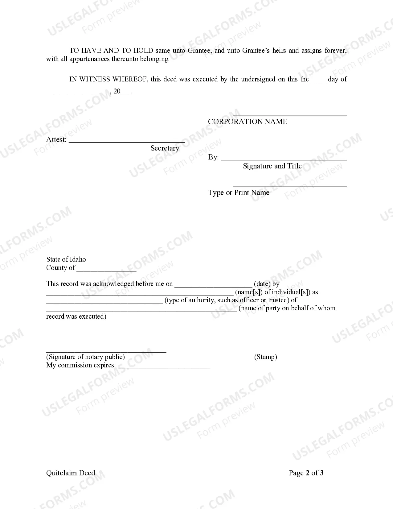 Preview Quitclaim Deed from Corporation to Corporation