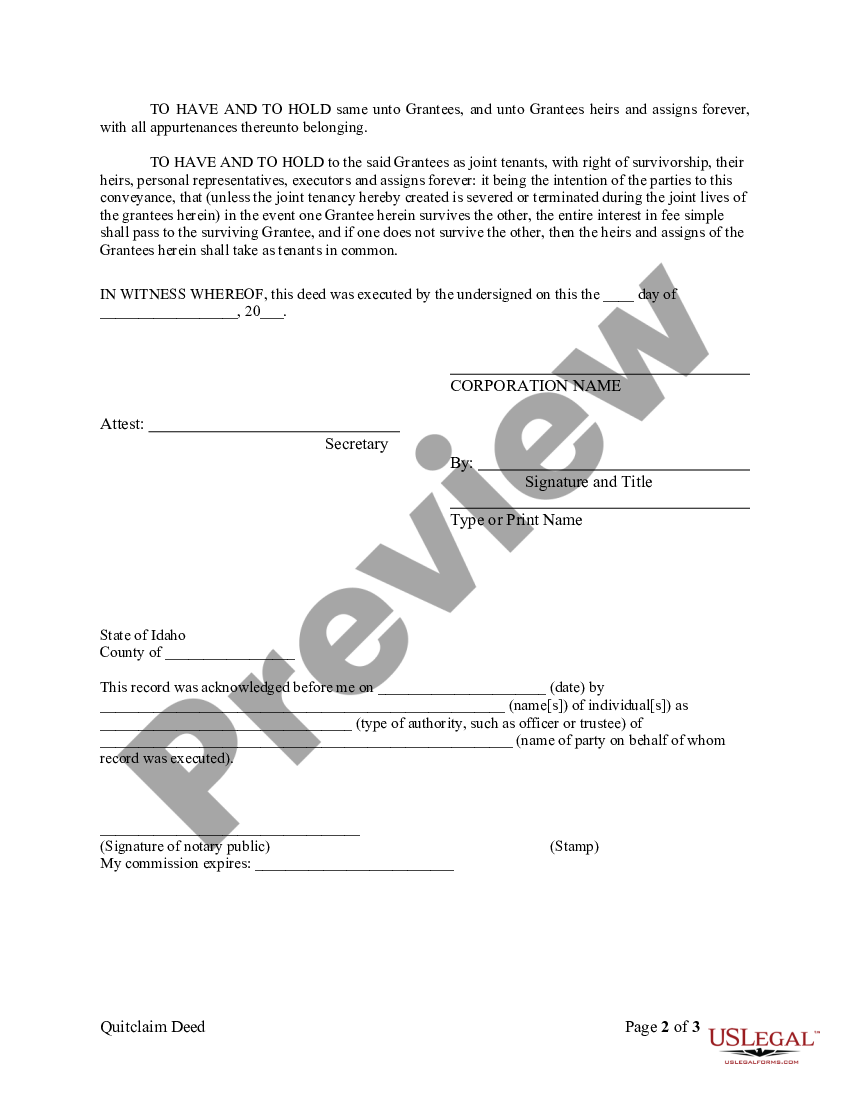 Nampa Idaho Quitclaim Deed From Corporation To Two Individuals Us Legal Forms 4679