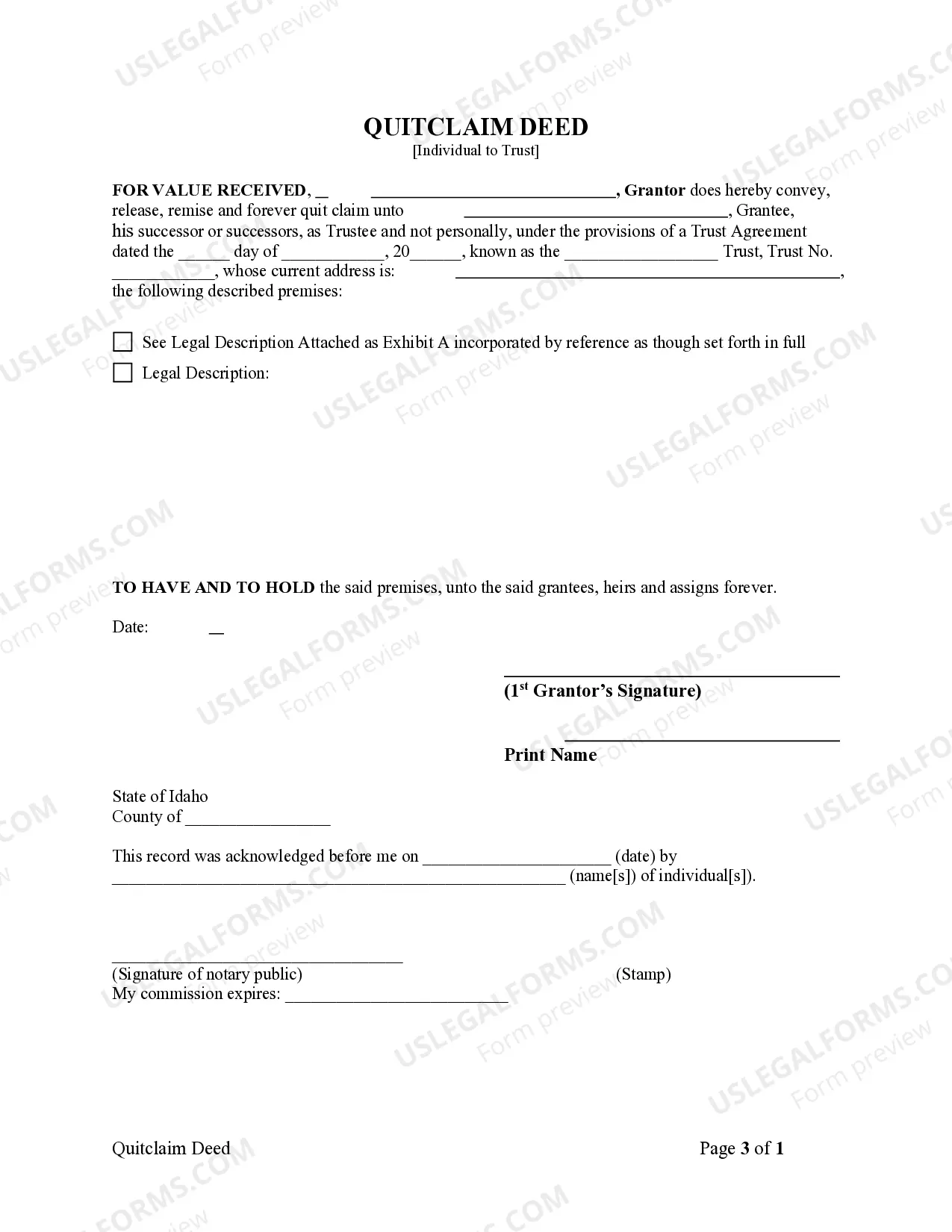 Preview Quitclaim Deed - Individual to Trust