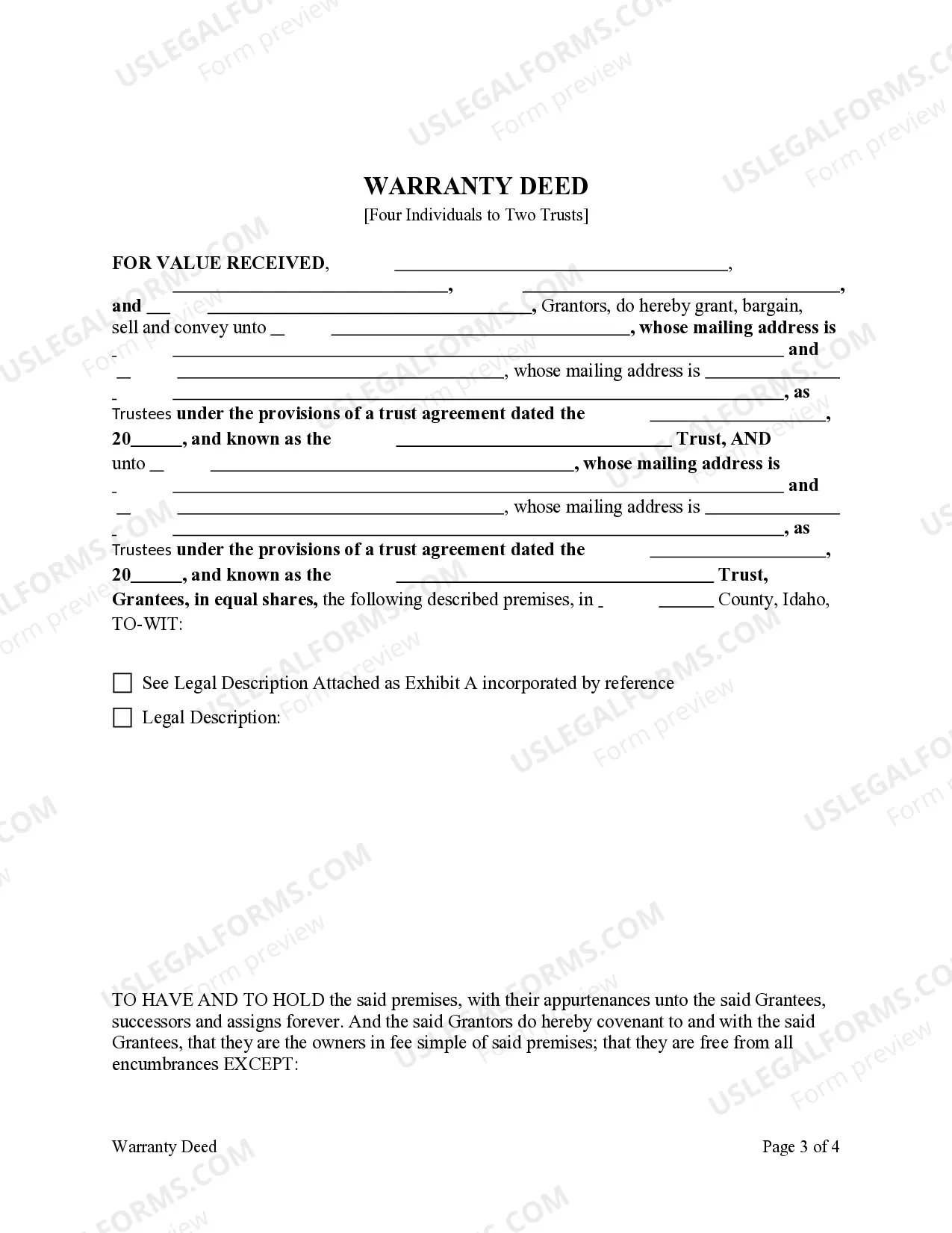 Preview Warranty Deed - Four Individuals to Two Trust with Two Trustees Each.