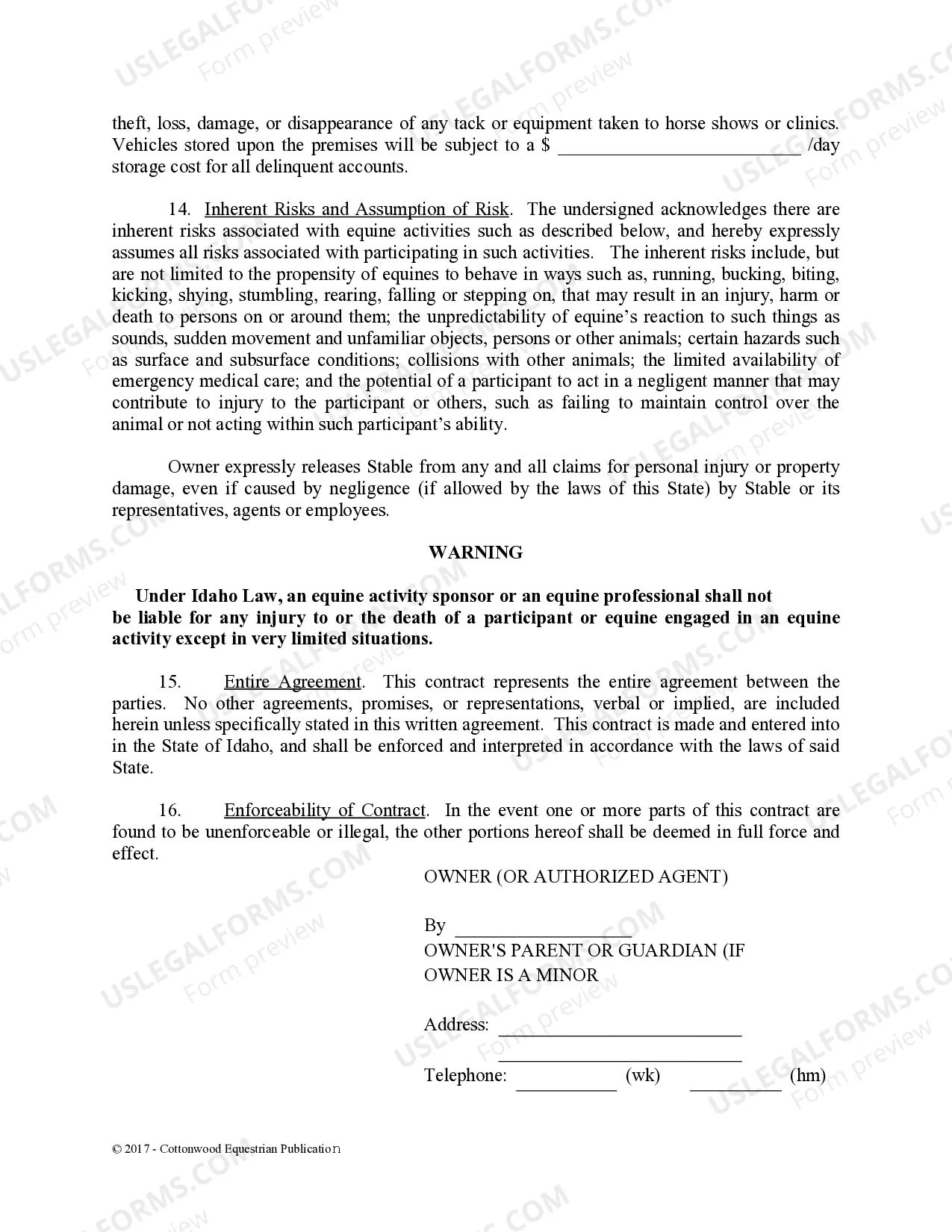 Preview Boarding Stable Agreement - Horse Equine Forms