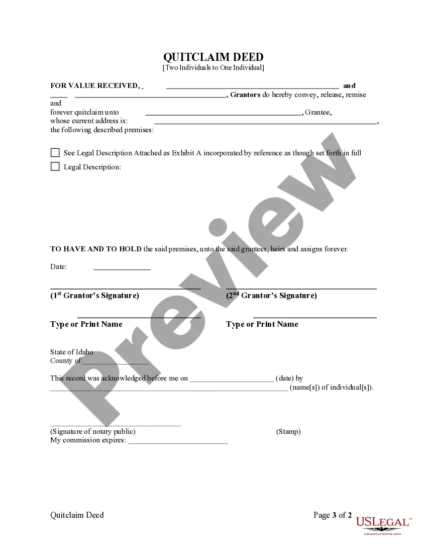 Preview Quitclaim Deed - Two Individuals to One Individual
