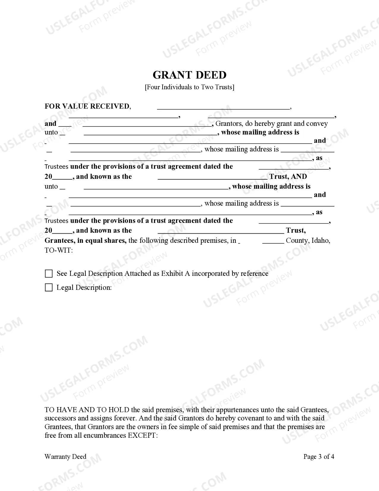Preview Grant Deed from Four Individual Grantors to Two Trusts with Two Trustees Each