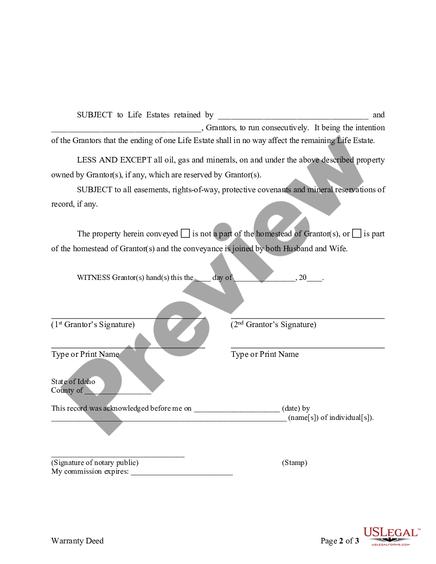 Idaho Warranty Deed to Child Reserving a Life Estate in the Parents ...