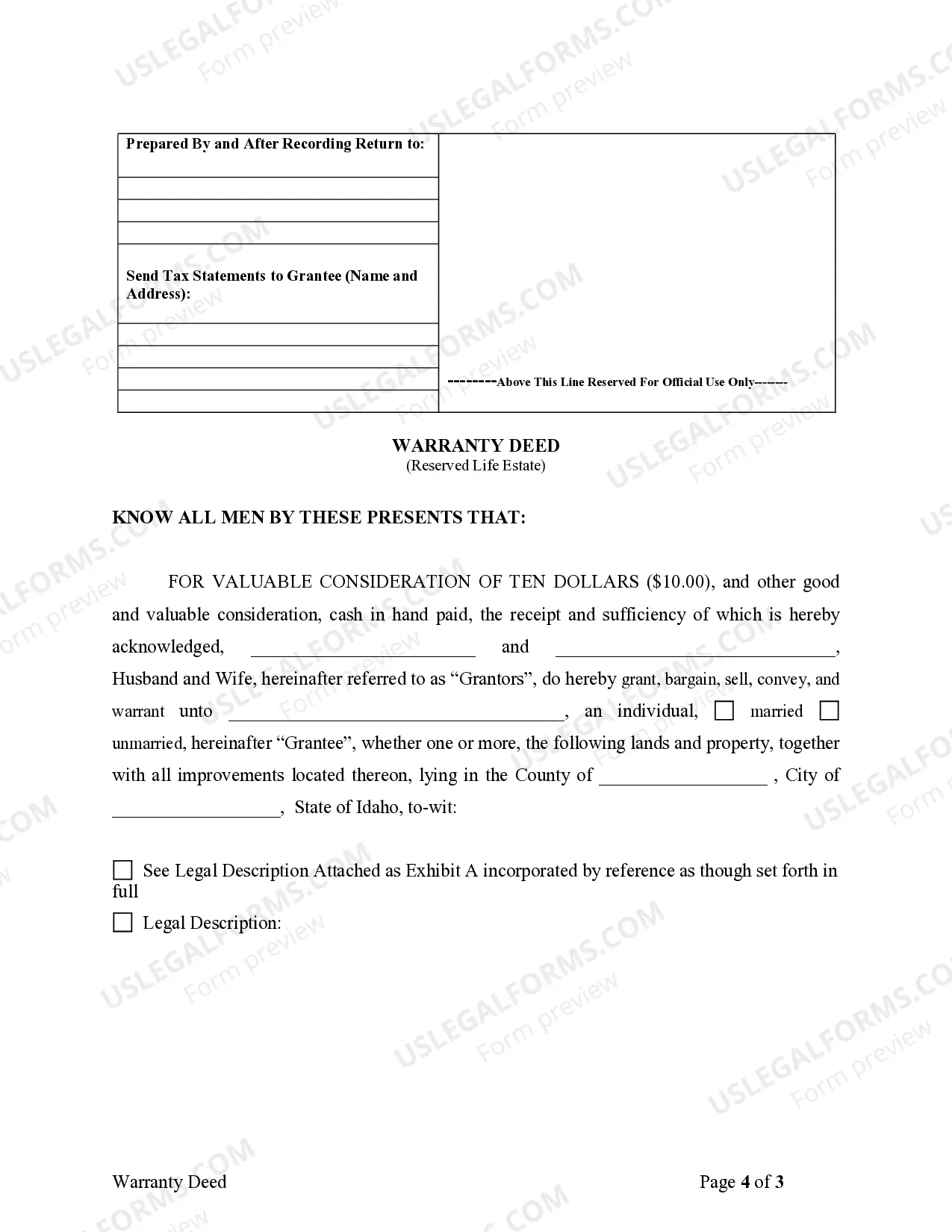 Preview Warranty Deed to Child Reserving a Life Estate in the Parents