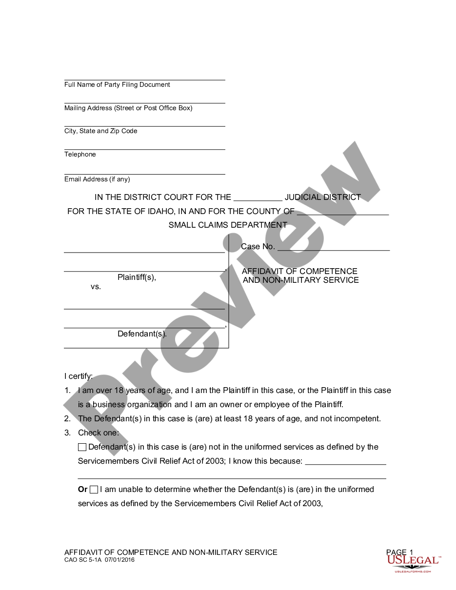 page 0 Affidavit of Competence and Non-Military Service preview