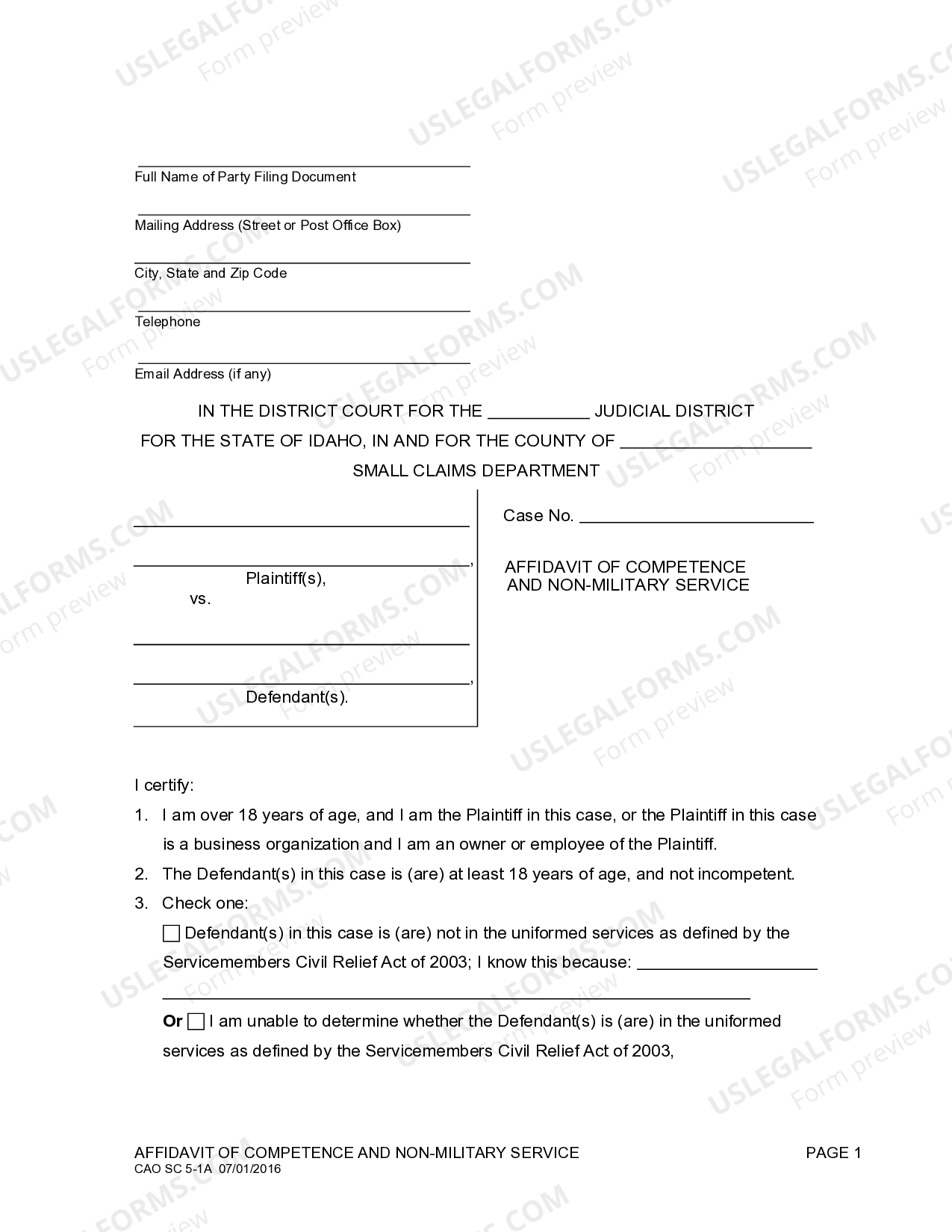 Idaho Affidavit of Competence and NonMilitary Service US Legal Forms