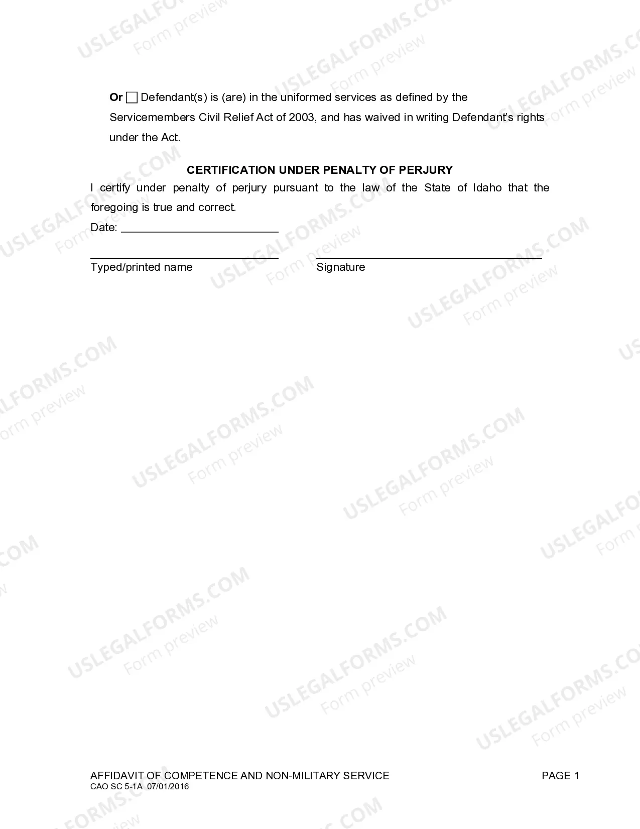 Preview Affidavit of Competence and Non-Military Service