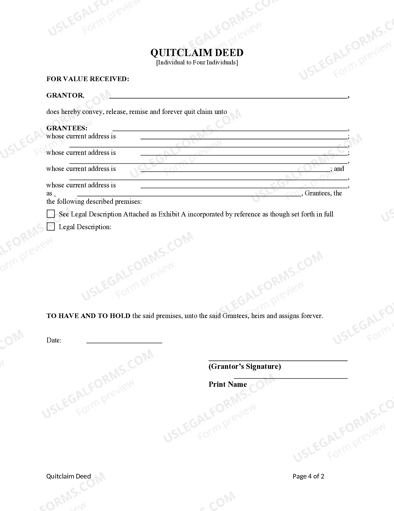 Preview Quitclaim Deed - Individual to Four Individuals