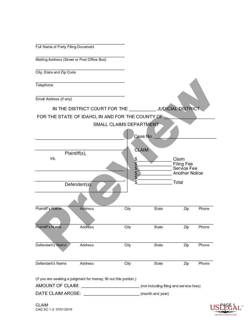 Idaho Claim US Legal Forms