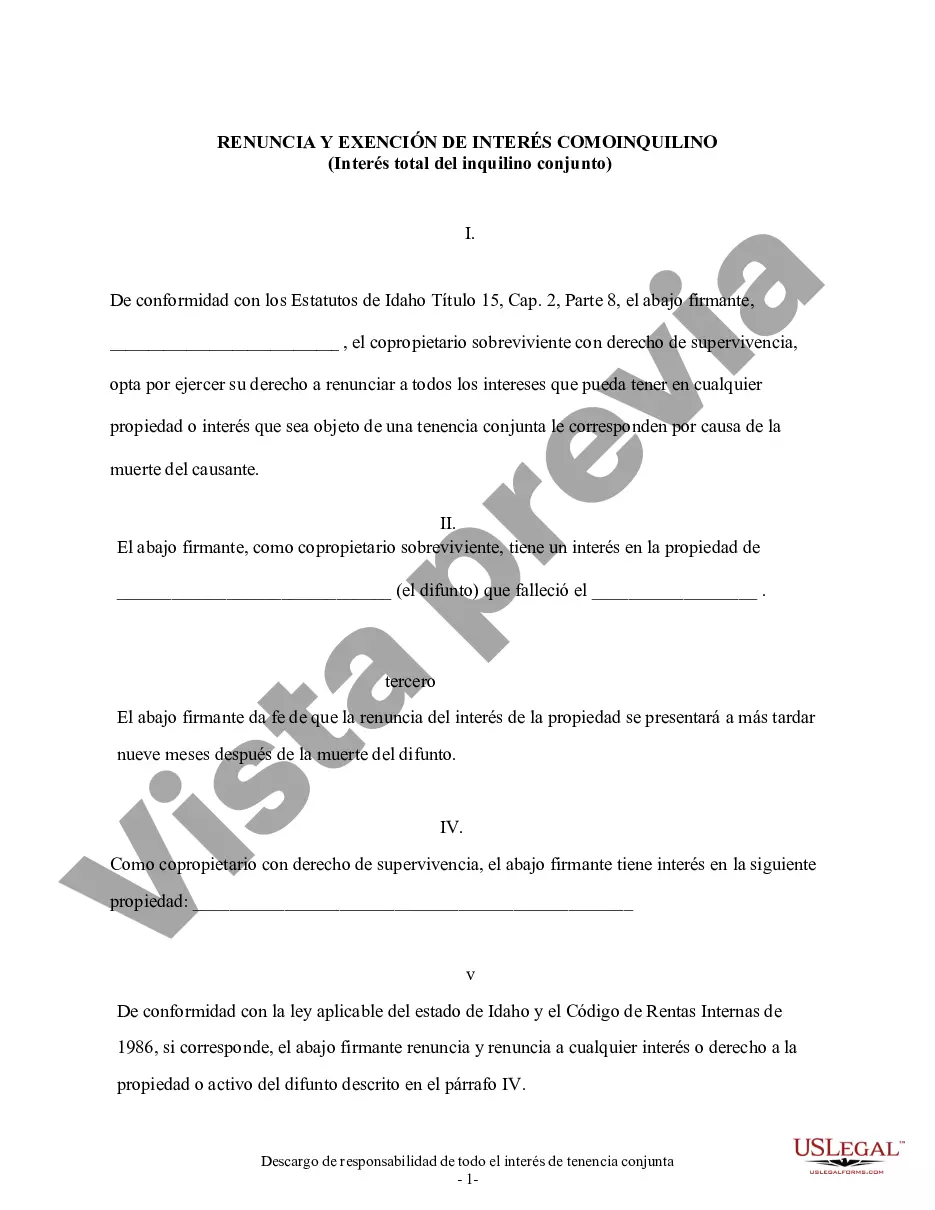 Preview Renuncia de Idaho y descargo de responsabilidad del inquilino conjunto o interés de arrendamiento