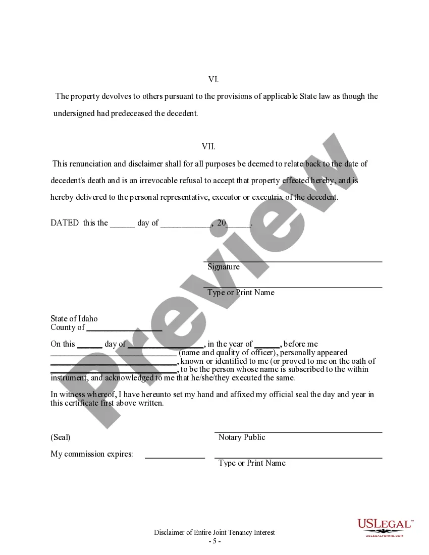 Preview Idaho Renunciation and Disclaimer of Joint Tenant or Tenancy Interest