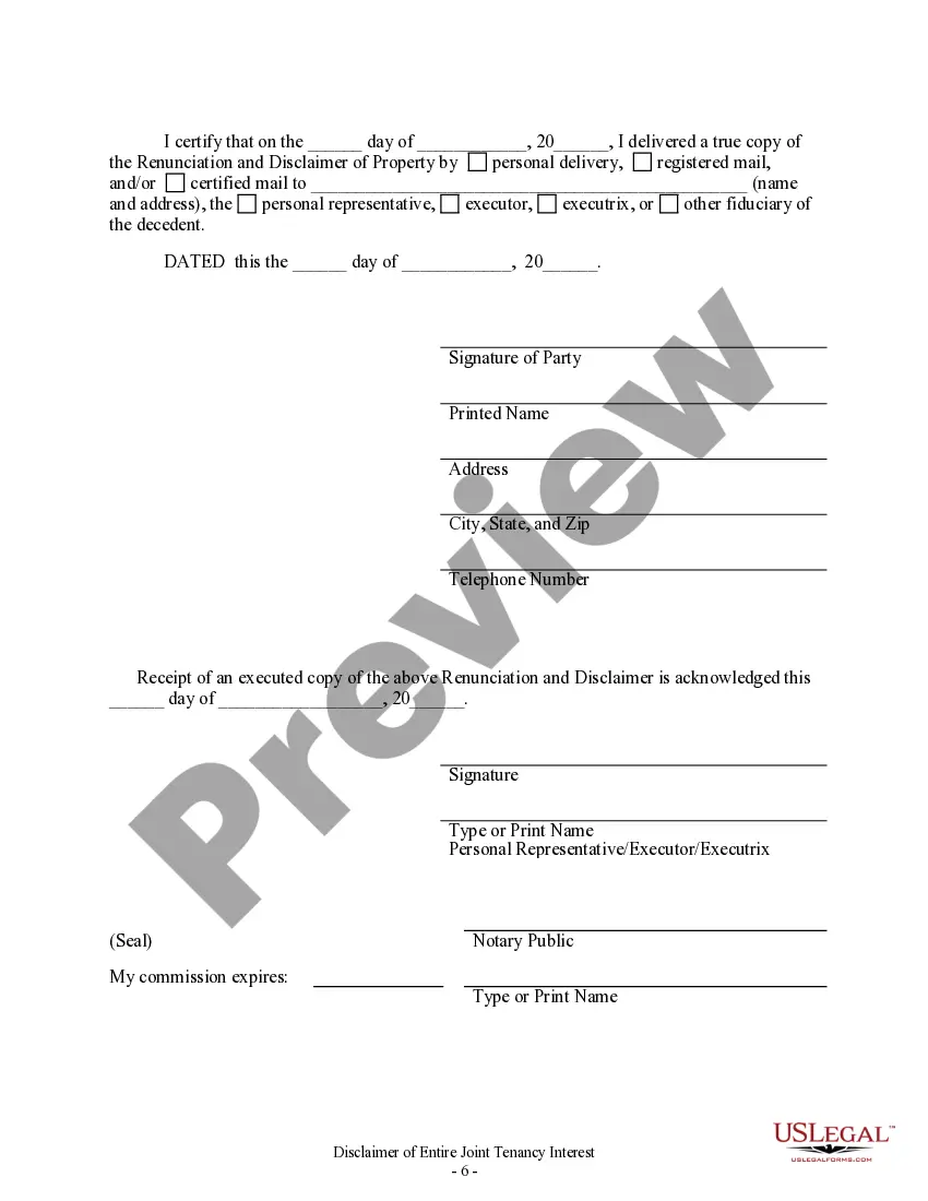 Preview Idaho Renunciation and Disclaimer of Joint Tenant or Tenancy Interest