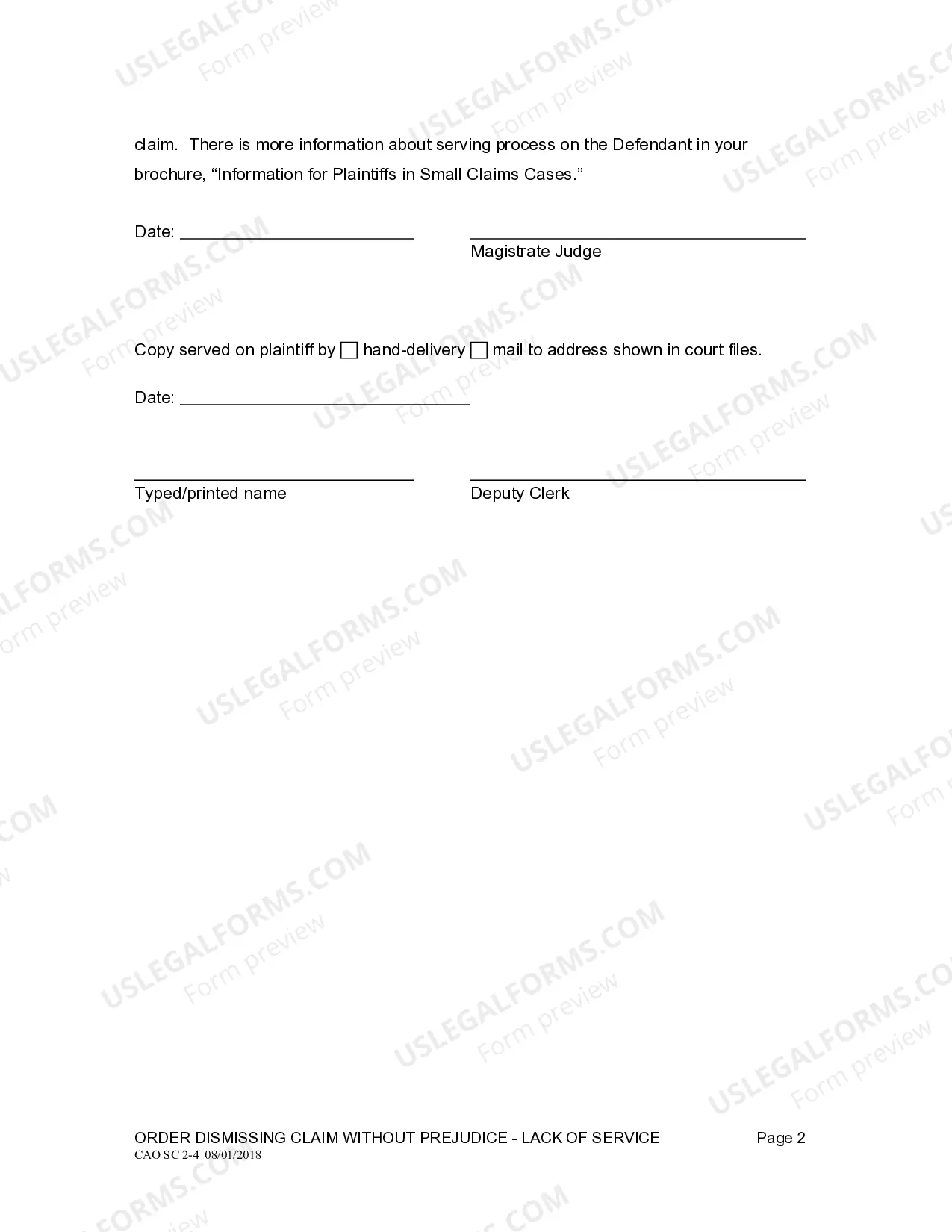 Preview Order Dismissing Claim Without Prejudice - Lack of Service
