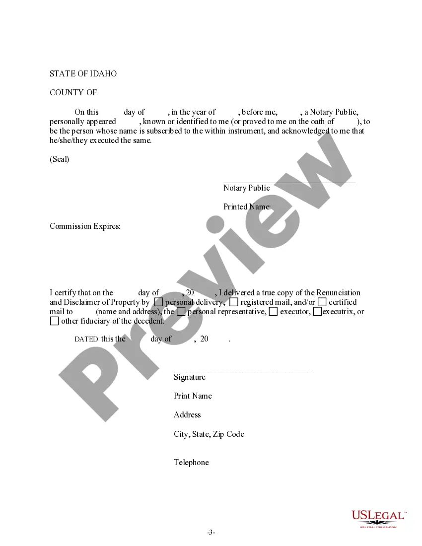 Preview Idaho Renunciation and Disclaimer of Property received by Intestate Succession