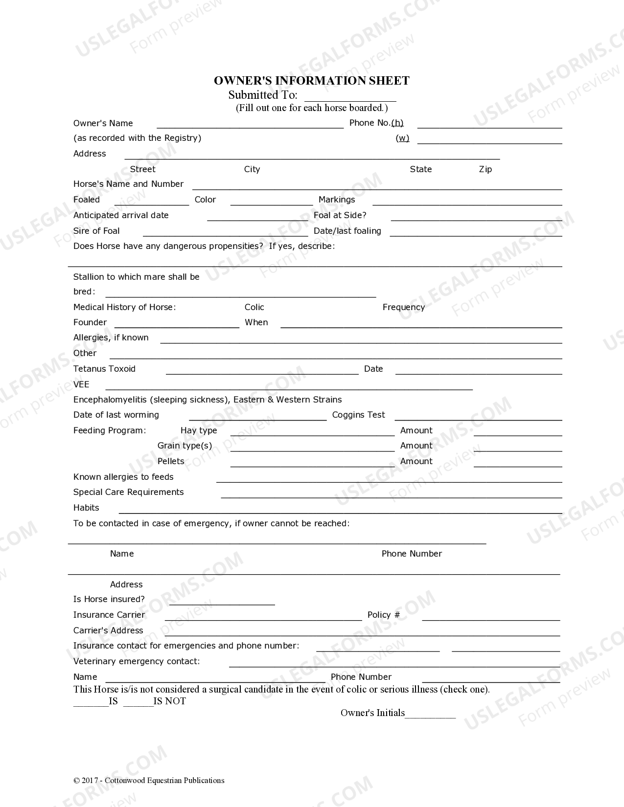 Idaho Owner's Information Sheet Horse Equine Forms US Legal Forms