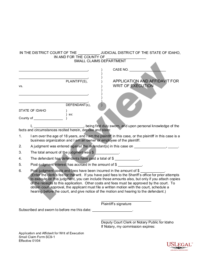 Nampa Idaho Application and Affidavit for Writ of Execution - Writ Of ...