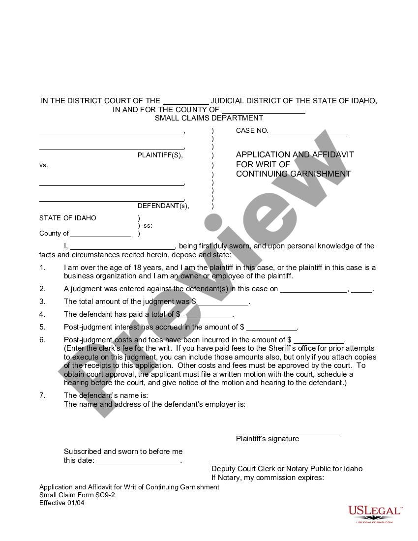 Idaho Application and Affidavit for Writ of Continuing Garnishment | US ...