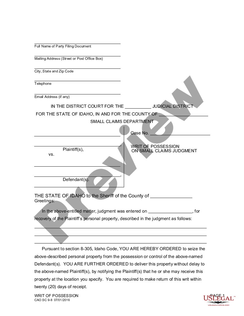 Idaho Writ of Possession on Small Claims Judgment | US Legal Forms